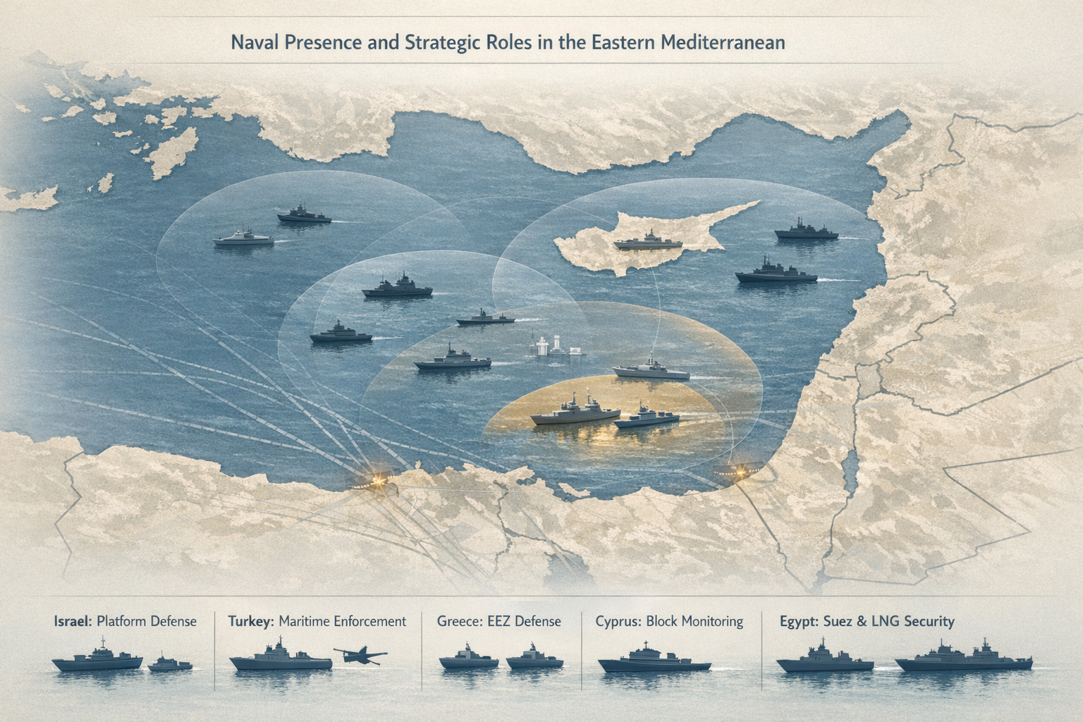 Naval deployments by Israel, Turkey, Greece, Cyprus, and Egypt across the Eastern Mediterranean