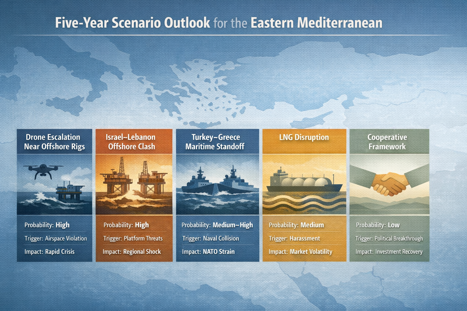 Five year scenario outlook for the Eastern Mediterranean showing escalation, standoff, LNG disruption, and cooperation pathways