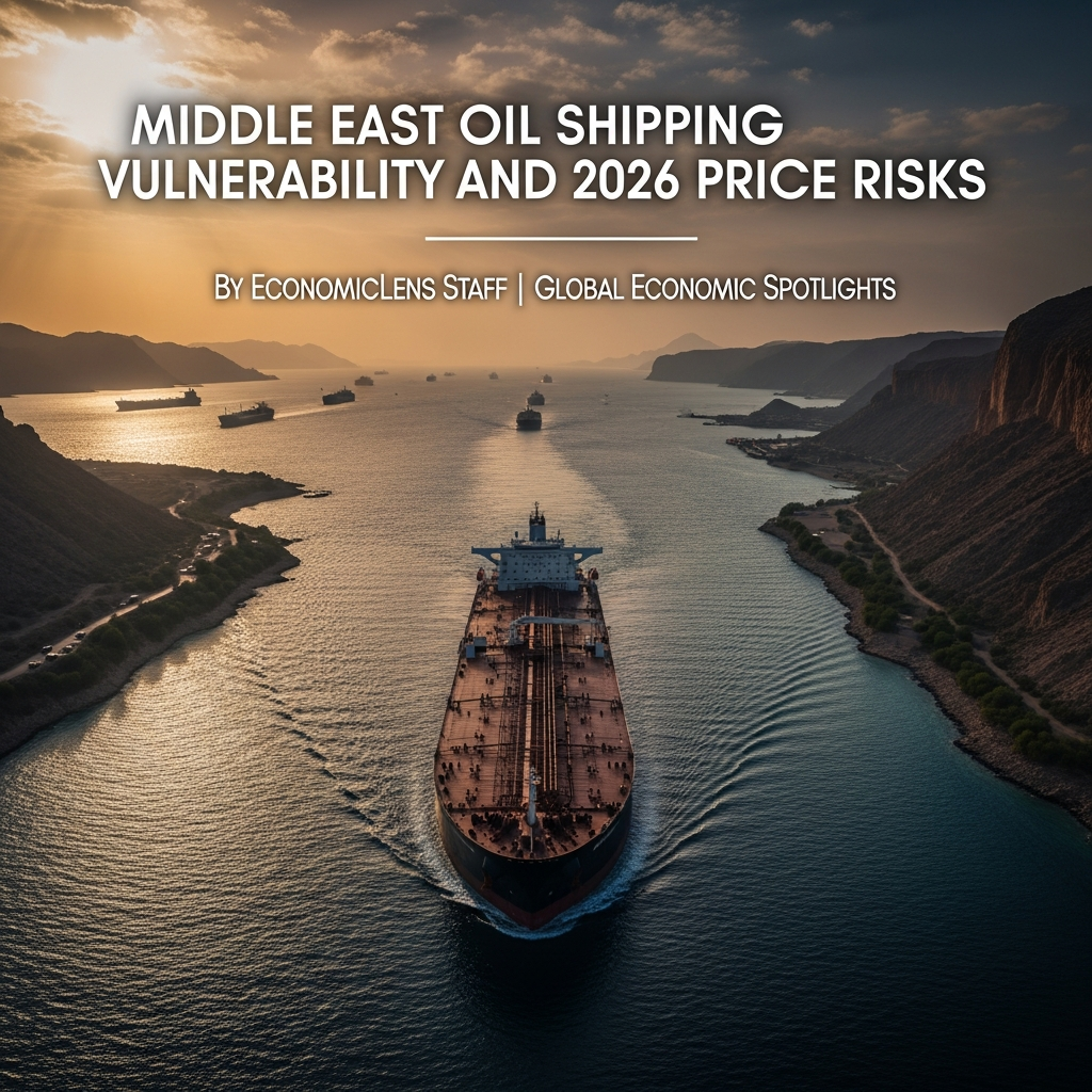 Large oil tanker navigating a narrow Middle Eastern maritime chokepoint with multiple vessels in the distance, illustrating oil shipping vulnerability and global energy risk