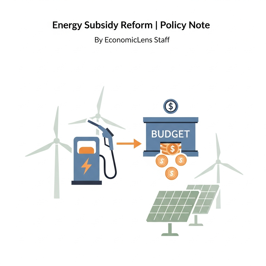 Energy subsidy reform illustrated by fuel pump redirecting funds toward government budget and renewable energy sources