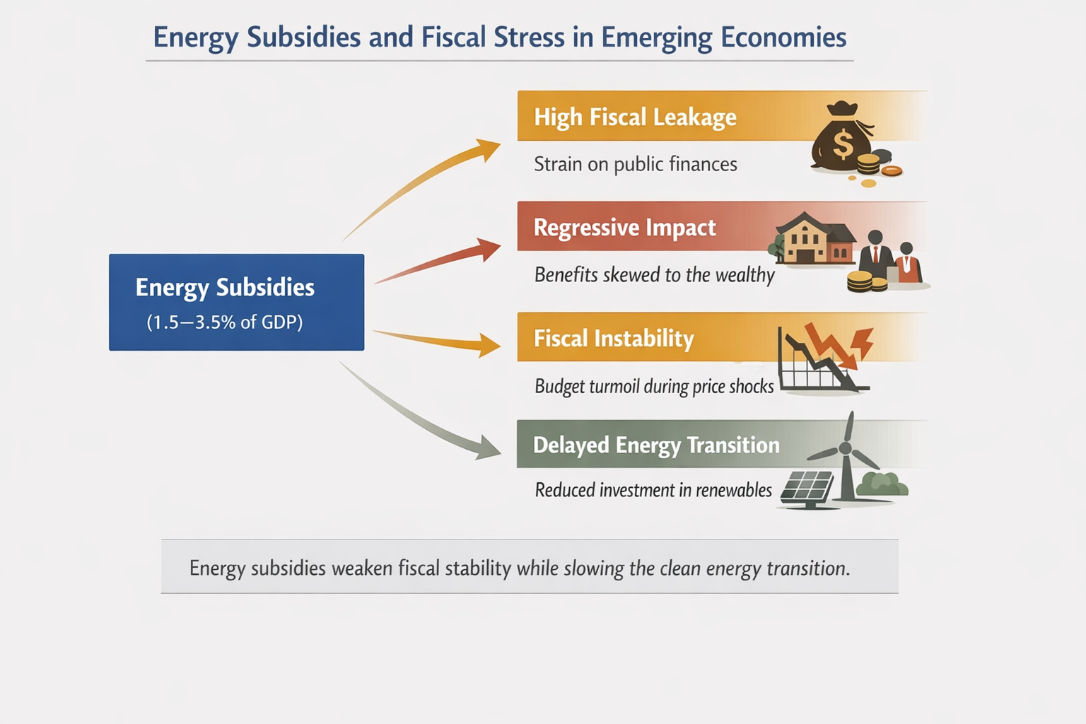 Diagram showing energy subsidies causing fiscal leakage, regressive impacts, fiscal instability, and delayed energy transition