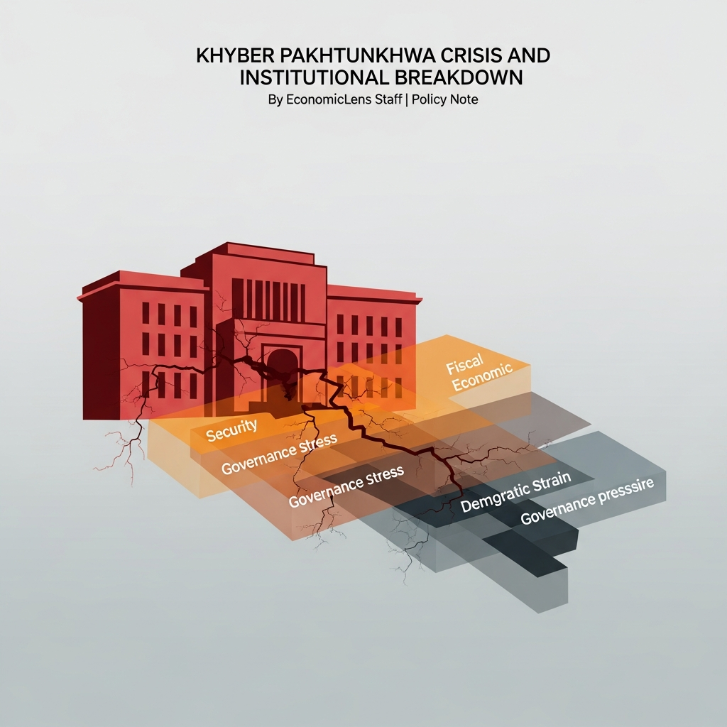 Illustration of Khyber Pakhtunkhwa institutional crisis showing a government building fractured by overlapping security, fiscal, and governance stresses