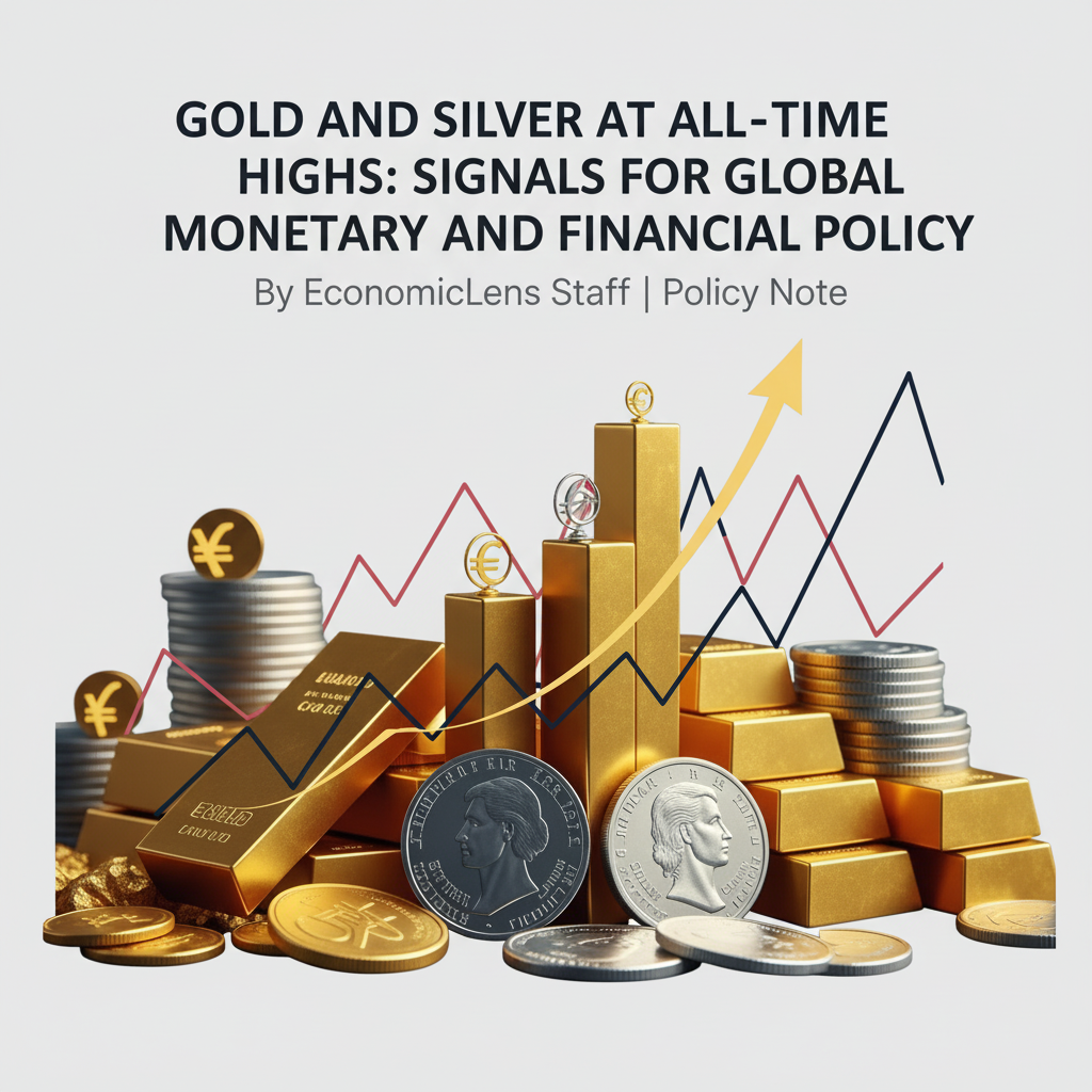 Gold silver price surge illustrated with gold bars, silver coins, and a rising global chart against a world map, highlighting monetary and financial policy signals