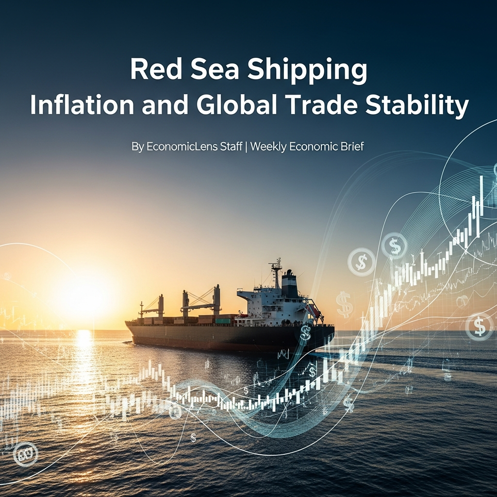 Cargo ship navigating open sea with financial charts illustrating Red Sea shipping inflation and its impact on global trade stability