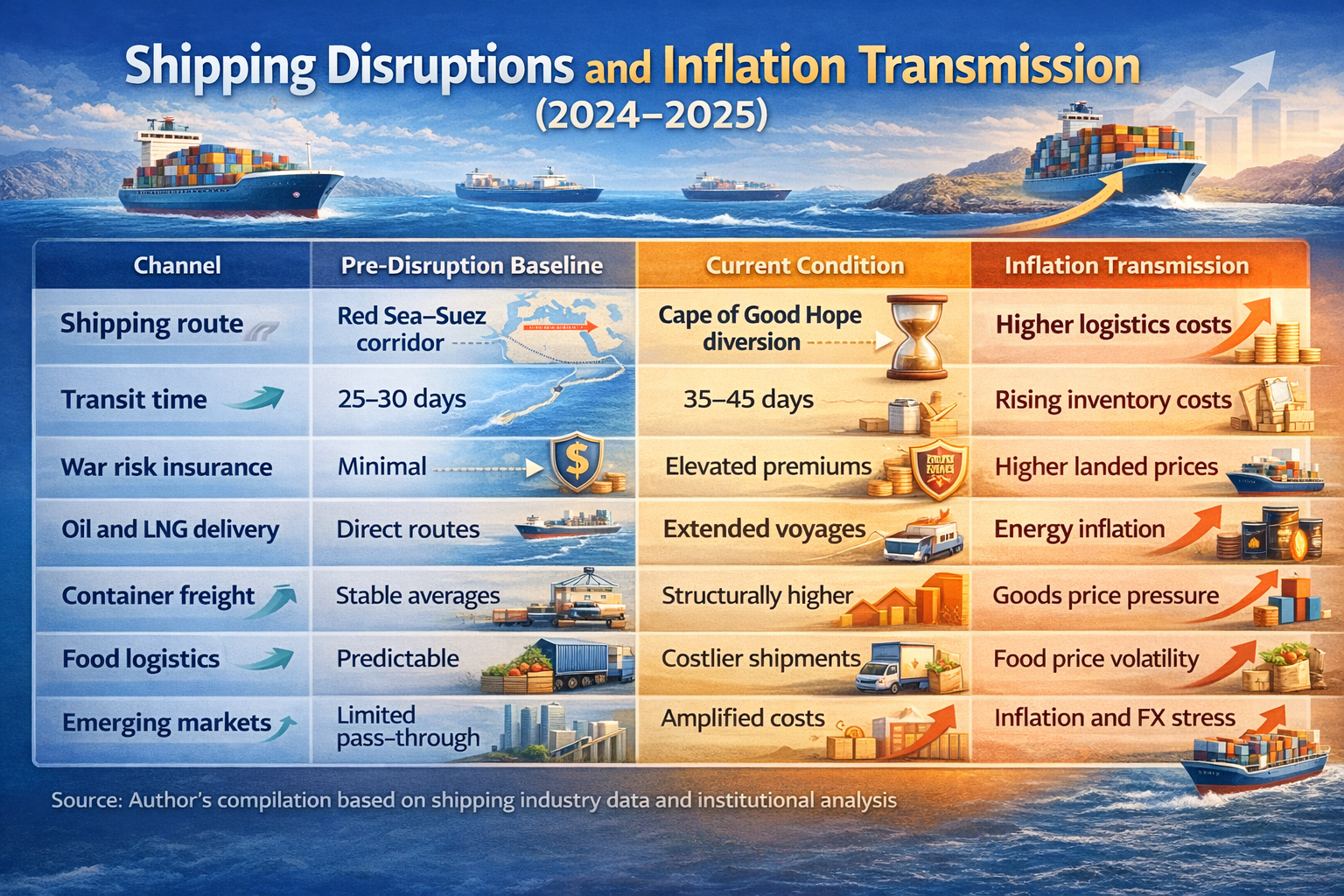 Infographic showing how Red Sea shipping disruptions transmit inflation through longer routes, higher insurance costs, and rising energy and food prices