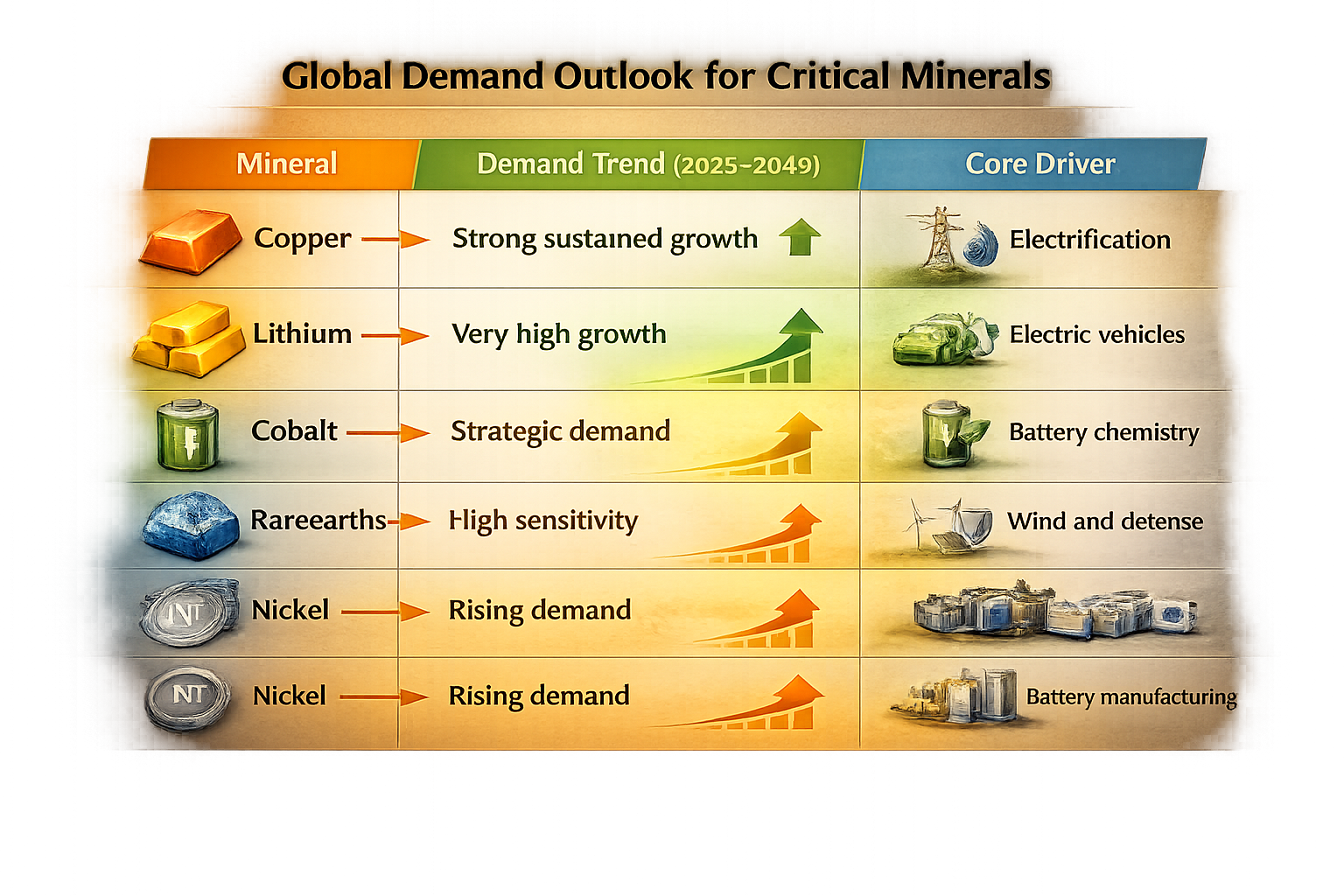 Global demand outlook for critical minerals showing strong growth trends for copper, lithium, cobalt, rare earths, and nickel