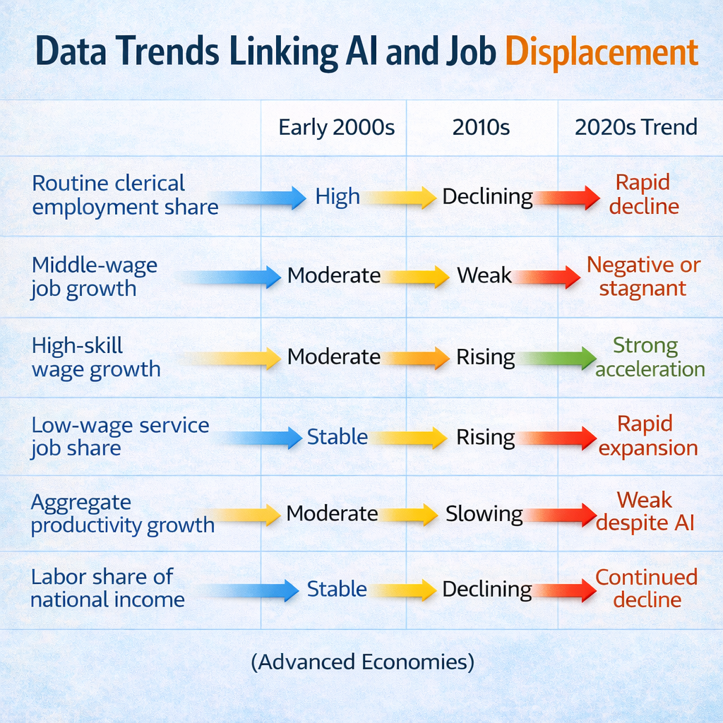Data visualization showing labor market trends in advanced economies from the early 2000s to the 2020s, including declining routine clerical employment, stagnant middle-wage jobs, accelerating high-skill wages, expanding low-wage service work, weak productivity growth despite AI, and falling labor income share.