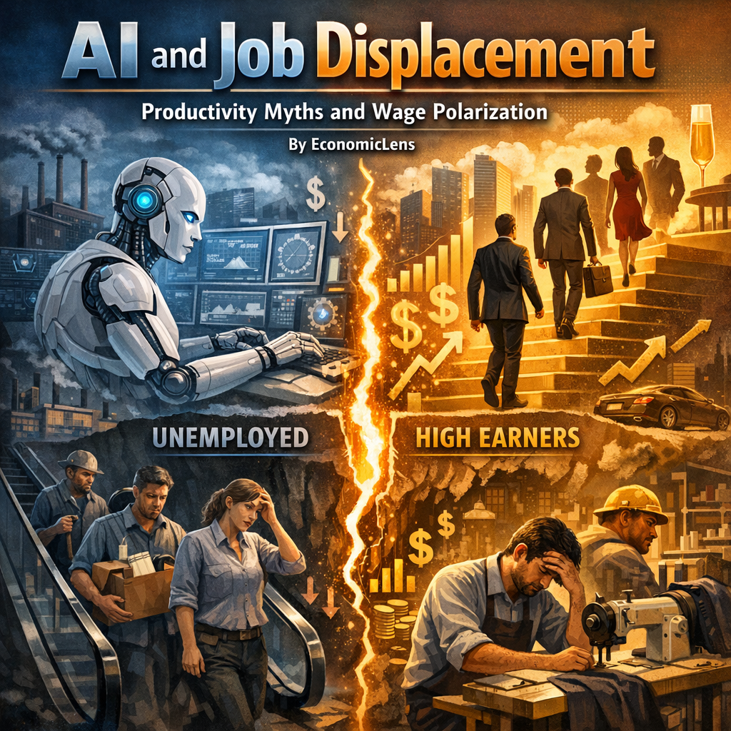 Conceptual illustration showing artificial intelligence driving job displacement and wage polarization, with unemployed and displaced workers on one side and rising high-income earners on the other, highlighting inequality, productivity myths, and labor market divergence
