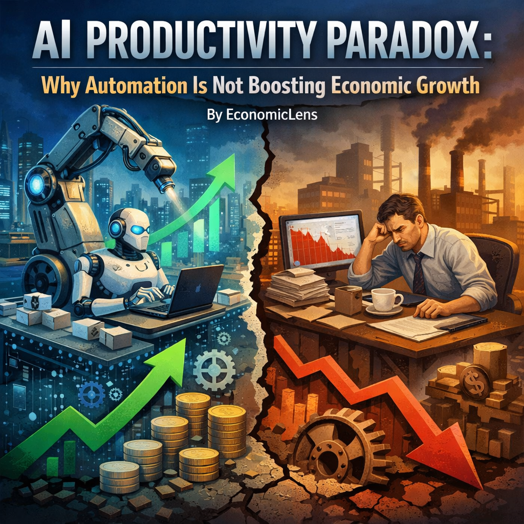 Illustration showing a split economy, with AI-powered robots and rising charts on one side, and a stressed worker with falling economic indicators on the other, representing the AI productivity paradox.