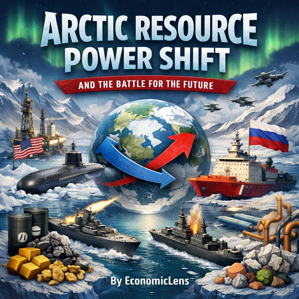 Arctic geopolitical power shift showing Russia and the United States competing over oil, gas, shipping lanes, and strategic military control in a melting polar region.