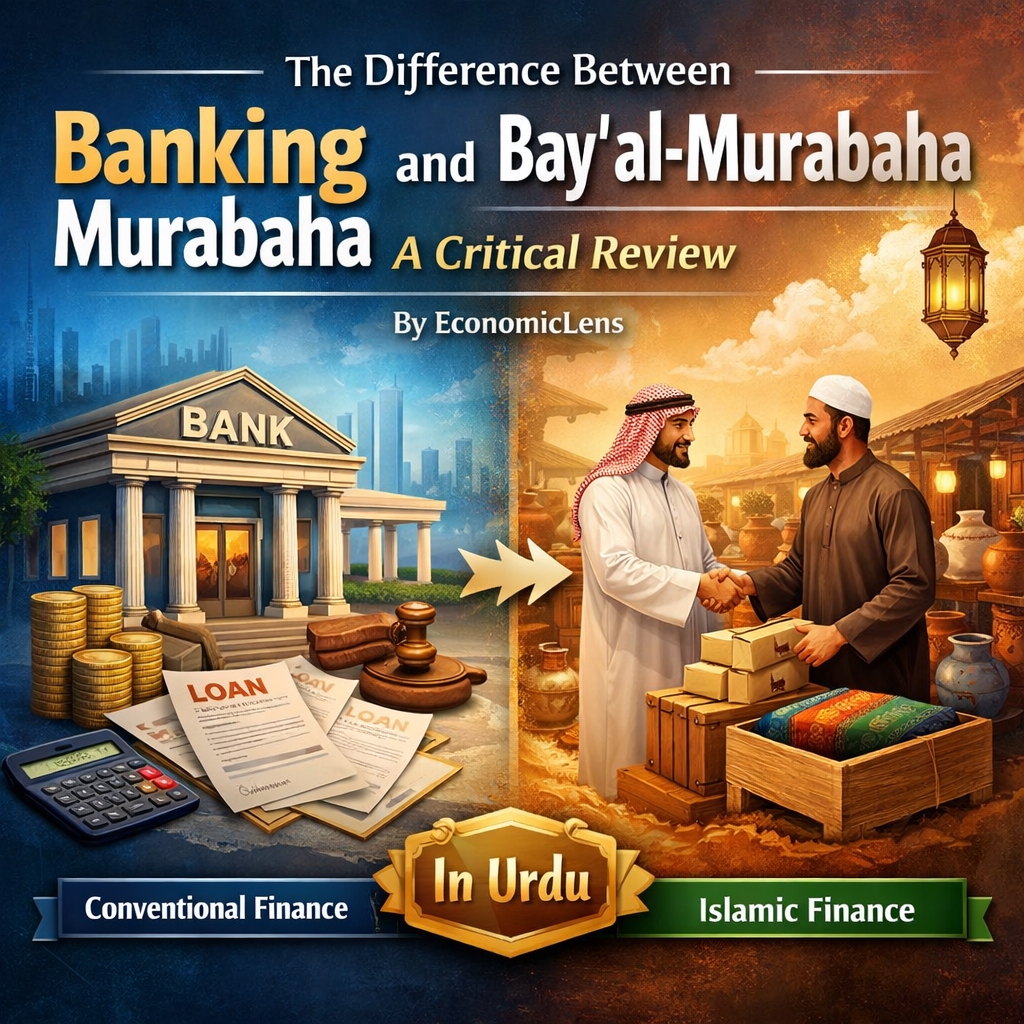 A split visual comparing Banking Murabaha and Bayʿ al-Murabaha, showing a modern bank with loan documents on one side and a traditional trade-based sale on the other, highlighting key differences in Islamic finance