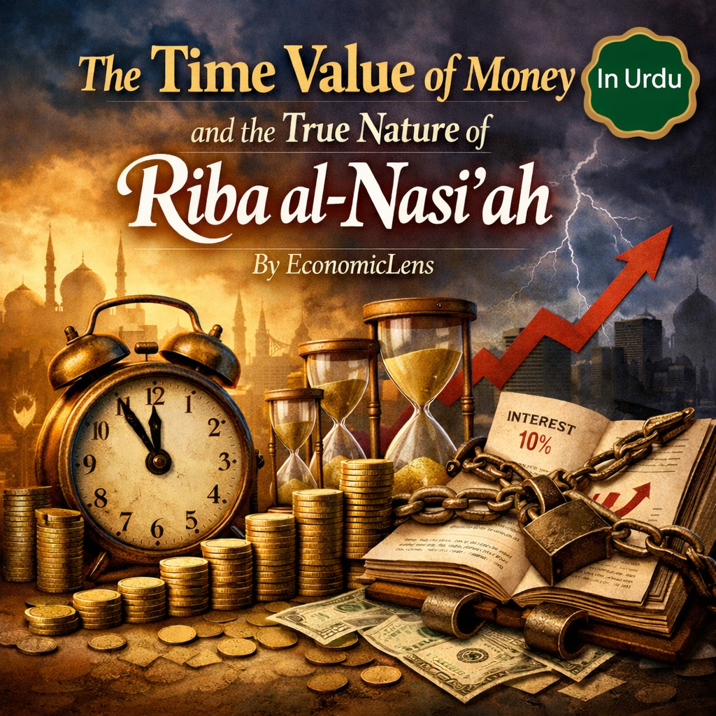 Illustration showing the time value of money with clocks, hourglasses, stacked coins, rising interest graph, and chained book symbolizing Riba al-Nasi’ah in Islamic finance
