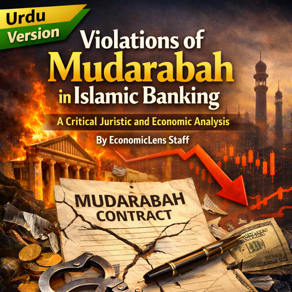 Violations of Mudarabah in Islamic banking illustrated through a cracked Mudarabah contract, falling financial chart, broken pen, handcuffs, and an Islamic bank symbolizing juristic and economic failure.