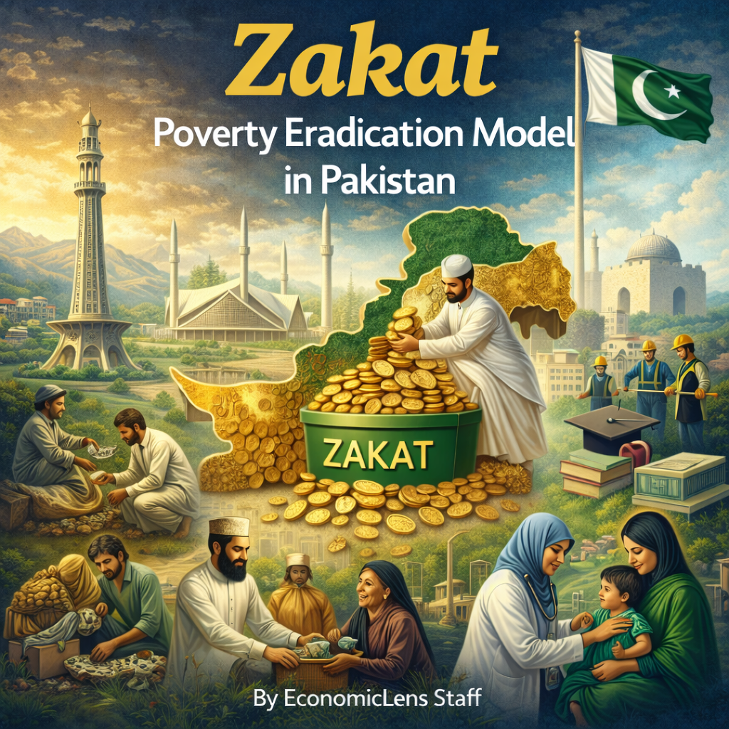 Zakat Poverty Eradication Model in Pakistan illustrating zakat distribution, employment creation, education, healthcare, and Islamic social finance impact