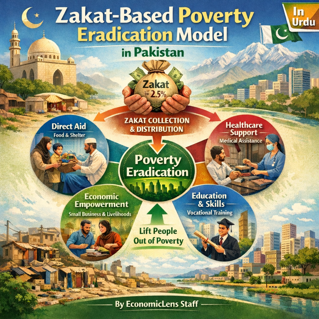 Zakat-based poverty eradication model in Pakistan showing institutional zakat collection, skills development, employment creation, and social welfare outcomes.