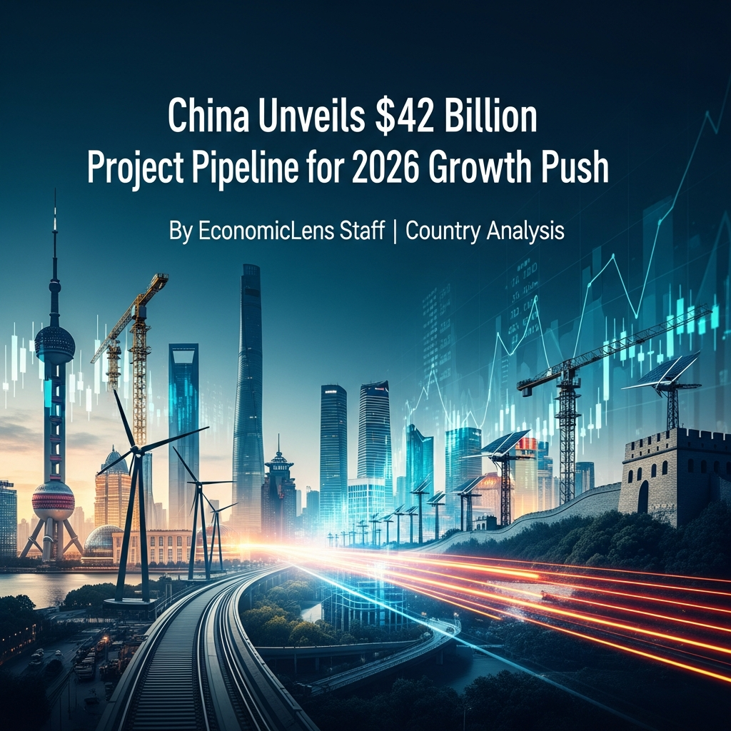 China skyline with cranes, wind turbines, rail infrastructure, and financial charts illustrating a $42 billion public investment pipeline for 2026 economic growth