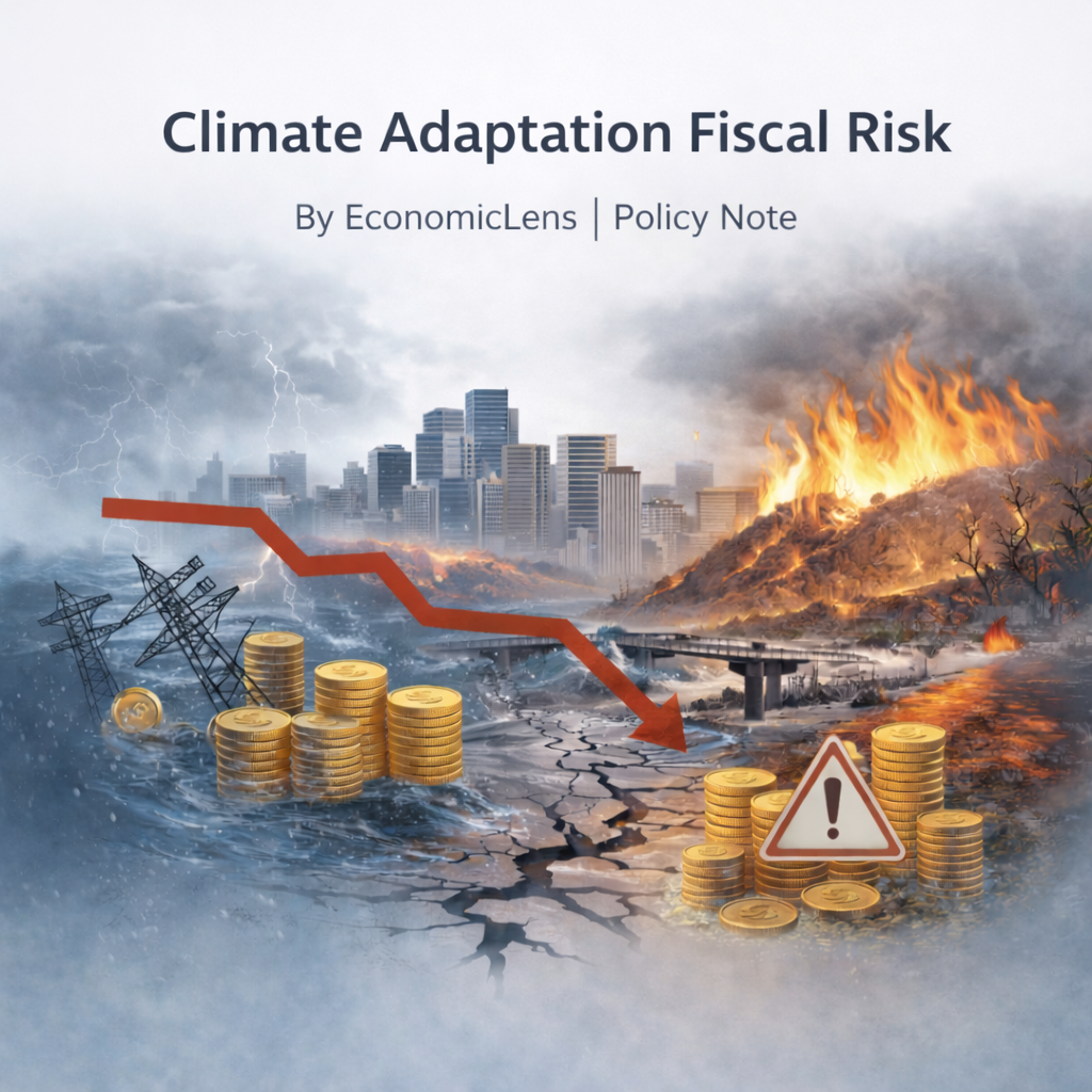 Illustration showing floods, wildfires, damaged infrastructure, falling fiscal indicators, and stacked coins, representing climate adaptation fiscal risk