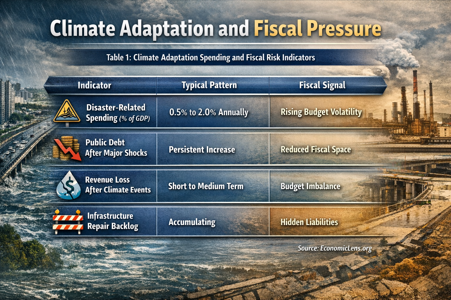 Table showing climate adaptation spending, public debt, revenue loss, and infrastructure repair as key indicators of fiscal pressure.