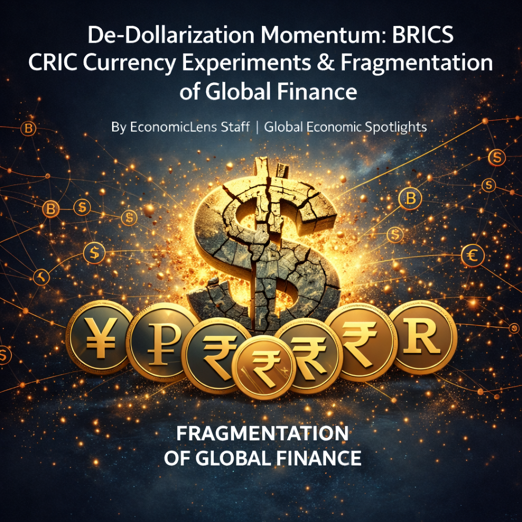 Illustration showing a fractured US dollar symbol surrounded by BRICS currency coins, highlighting de-dollarization momentum and fragmentation of global finance