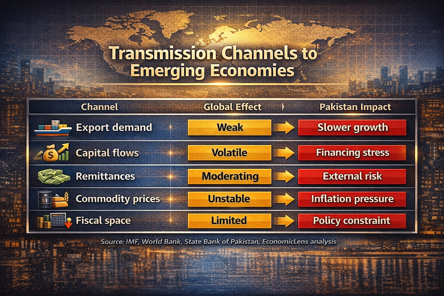 Transmission channels to emerging economies showing weak export demand, volatile capital flows, and inflation pressure in Pakistan