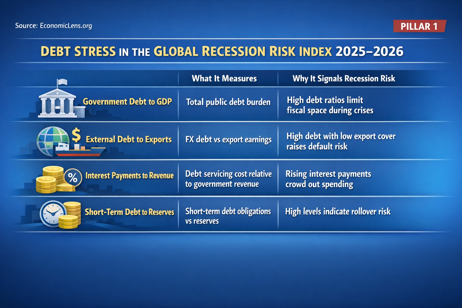 Debt Stress pillar of the Global Recession Risk Index 2025–2026 showing government debt, external debt, interest payments and short-term debt risks