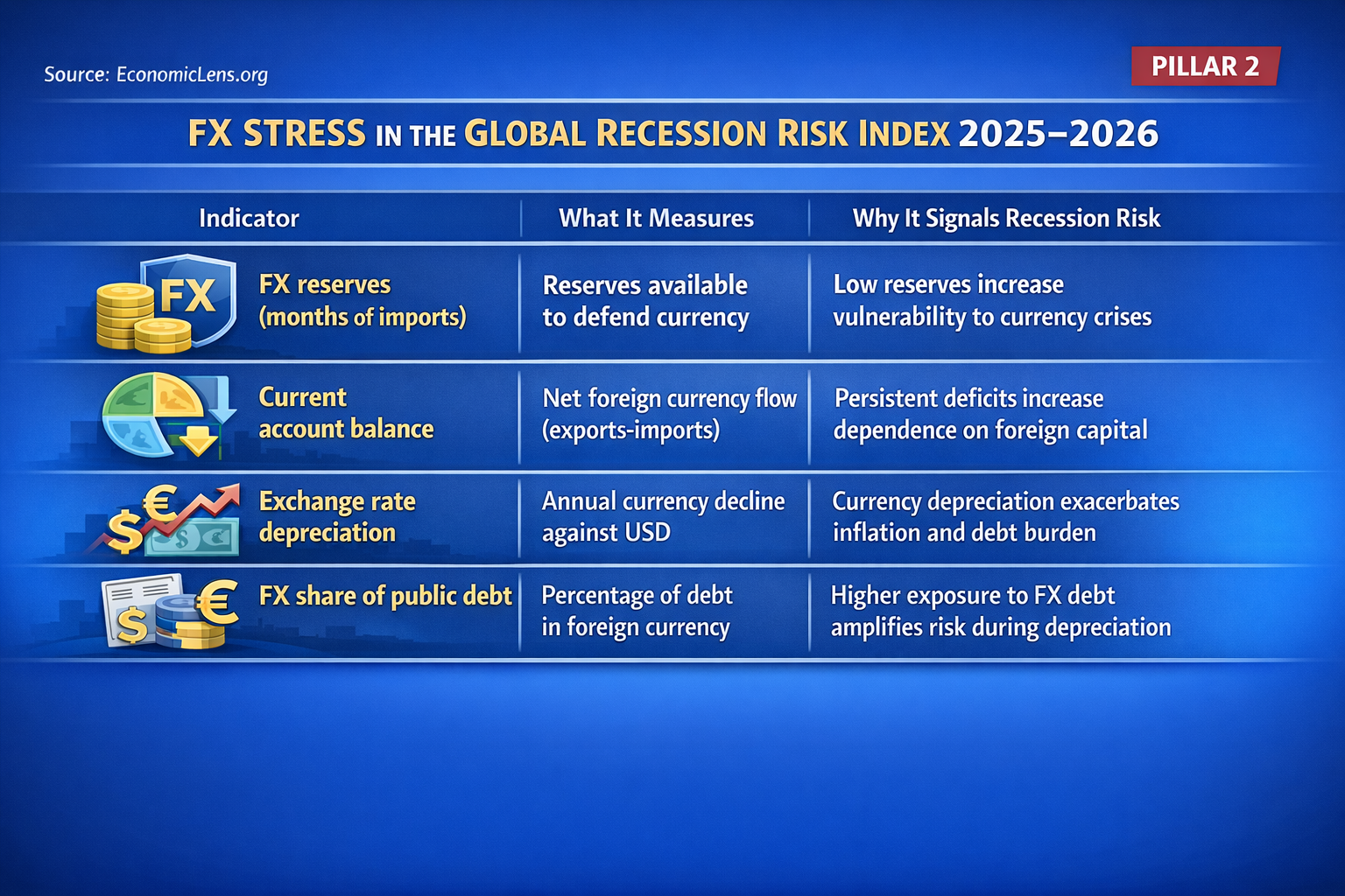 FX Stress indicators in the Global Recession Risk Index 2025–2026 showing reserves, current account balance, currency depreciation and foreign-currency debt