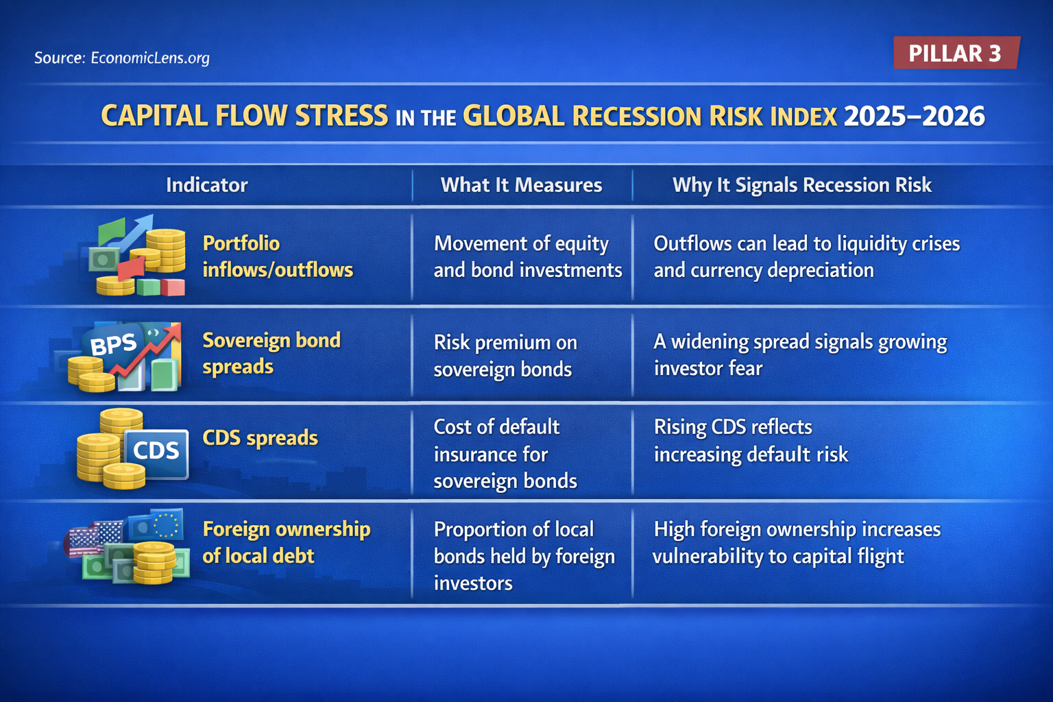 Capital flow stress in the Global Recession Risk Index 2025–2026 showing portfolio outflows, sovereign bond spreads, CDS costs and foreign investor exposure