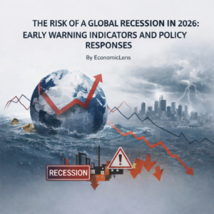 Illustration of a globe partially submerged in stormy water with falling red graphs and a dark city skyline, representing the risk of a global recession in 2026