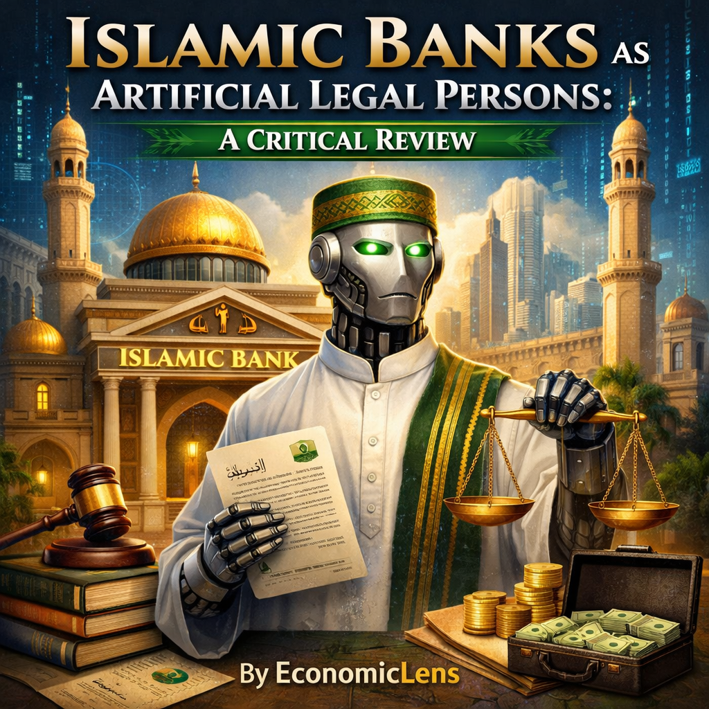A conceptual illustration of an Islamic bank represented as an artificial legal entity, highlighting its legal and ethical dimensions in a critical review context