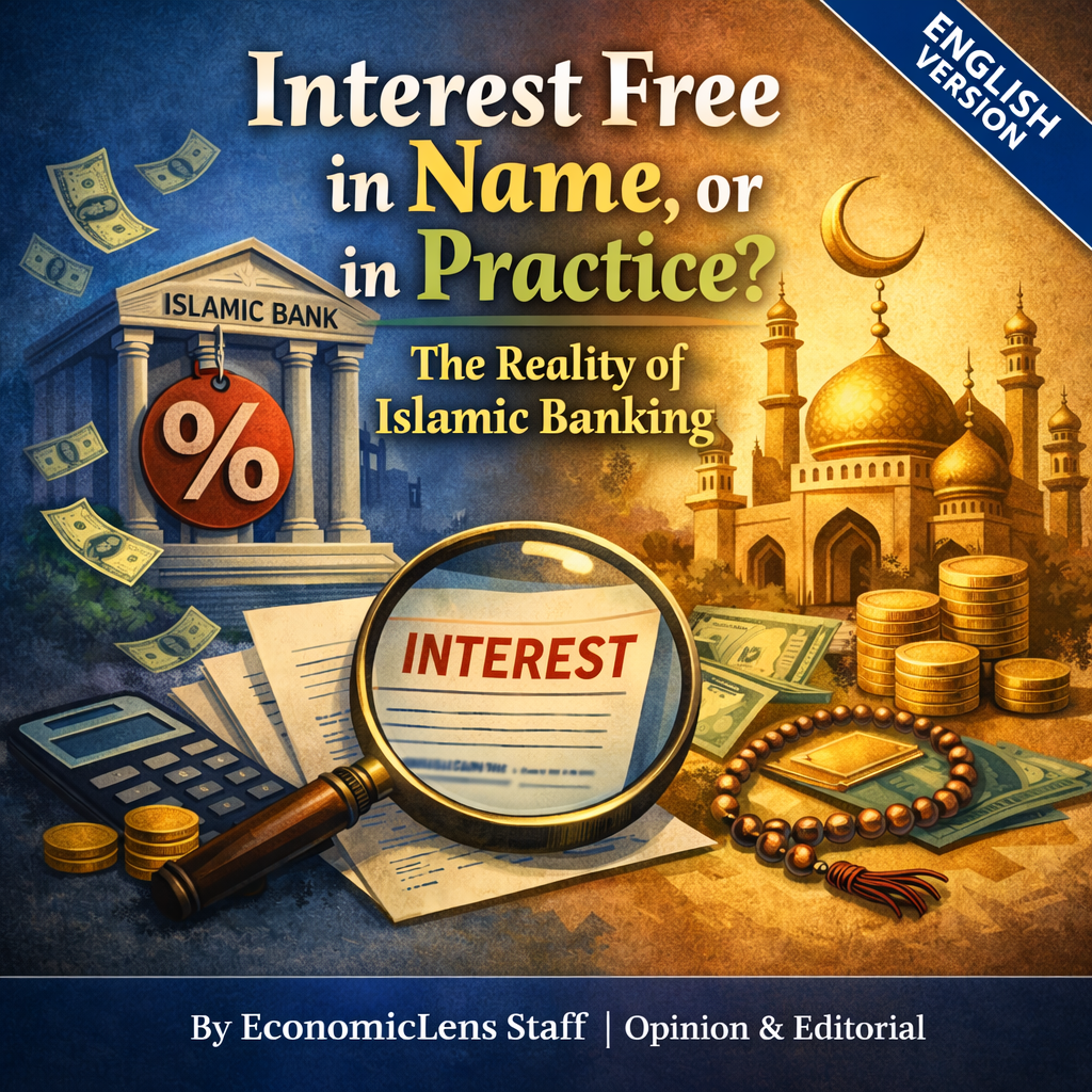 Editorial illustration questioning whether Islamic banking is truly interest free, showing an Islamic bank, interest documents under a magnifying glass, currency, and religious symbols