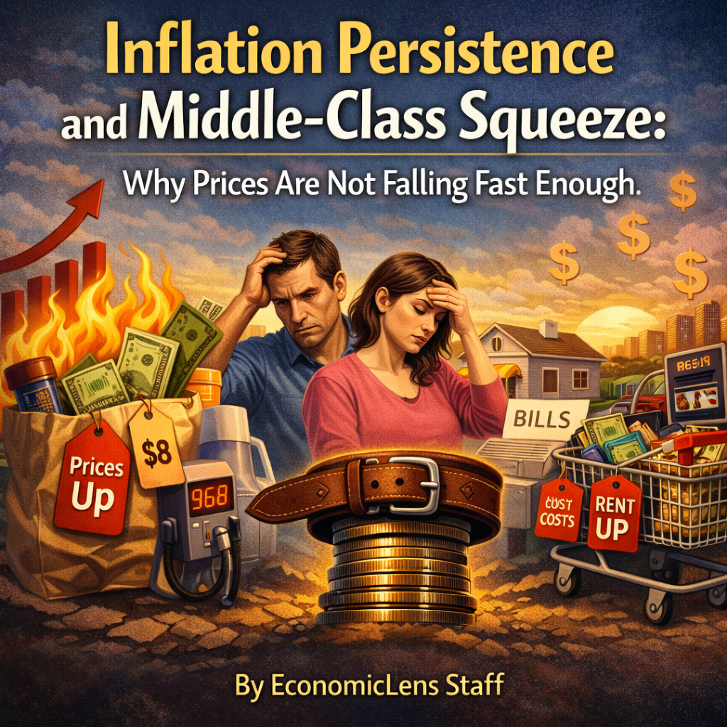 Illustration showing persistent inflation squeezing middle-class households through rising prices, rent pressure, fuel costs, and shrinking purchasing power