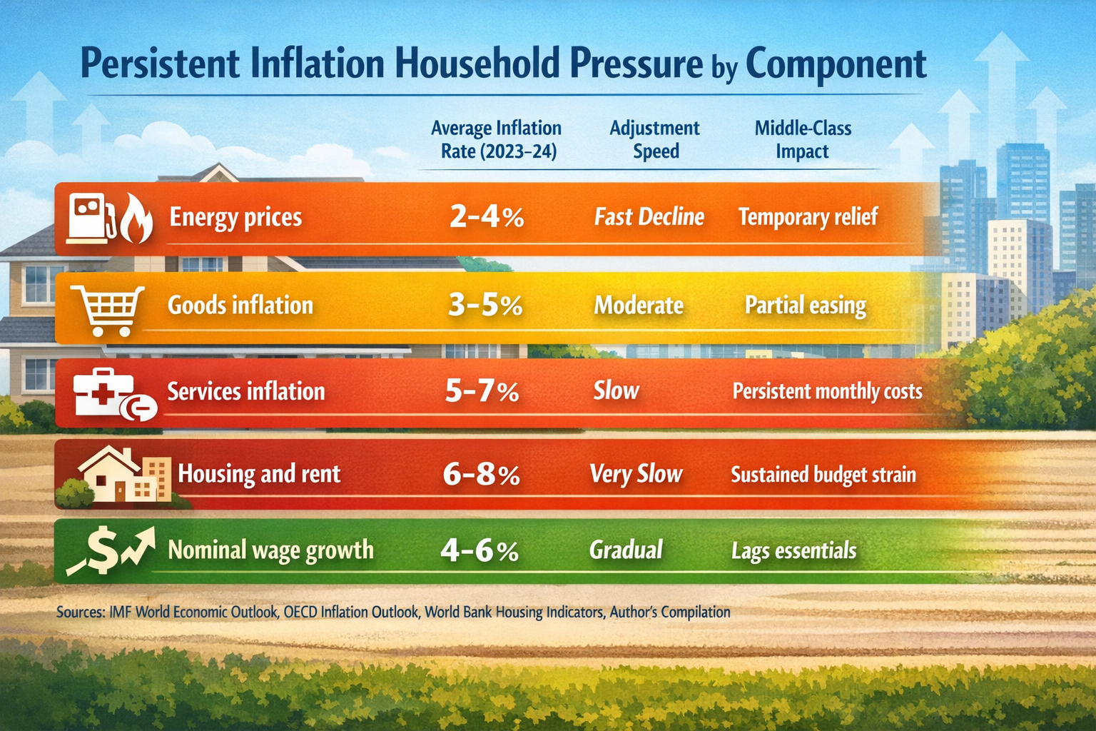 Infographic showing persistent inflation pressure by component, comparing energy, goods, services, housing, and wage growth impacts on middle-class households
