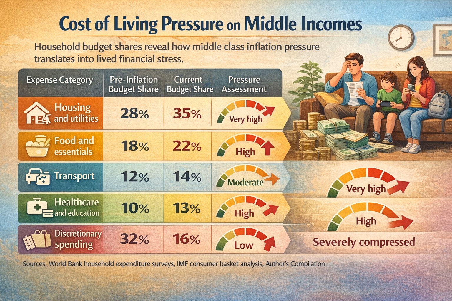 Cost of living infographic showing rising budget shares for housing, food, healthcare, and reduced discretionary spending among middle-income households