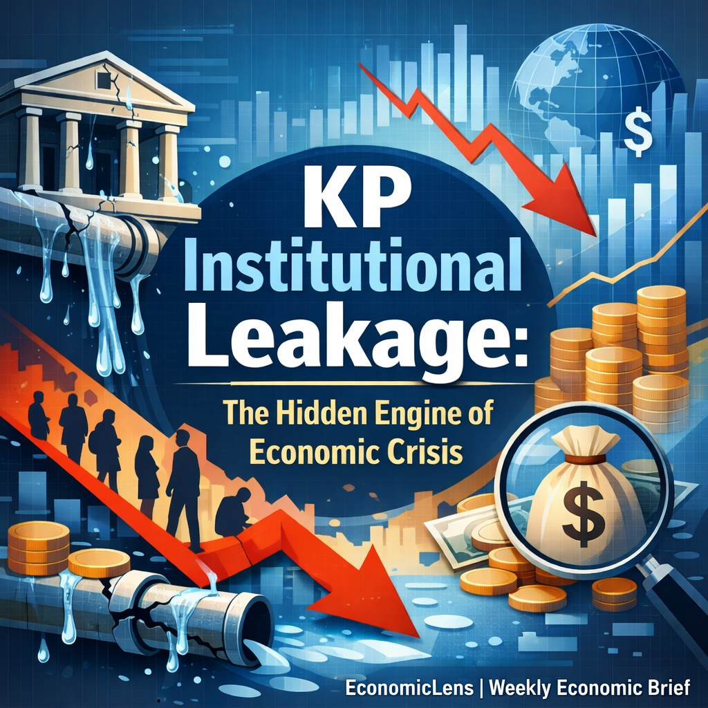 Illustration showing KP institutional leakage through leaking public institutions, falling economic indicators, capital outflows, and rising poverty pressures in Khyber Pakhtunkhwa