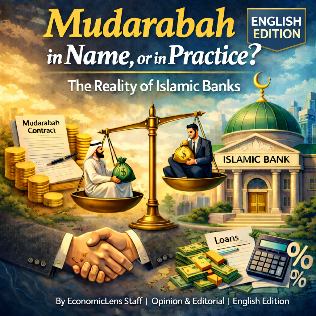 Conceptual illustration of Mudarabah in Islamic banks, showing profit sharing, contracts, balance scales, and an Islamic bank building to question real risk sharing versus fixed returns.