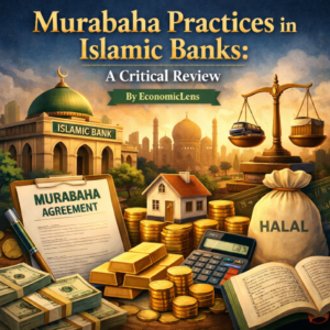 Illustrated cover showing Murabaha practices in Islamic banks, with an Islamic bank building, Murabaha agreement, gold coins, calculator, house, and balance scale symbolizing Shariah-compliant finance