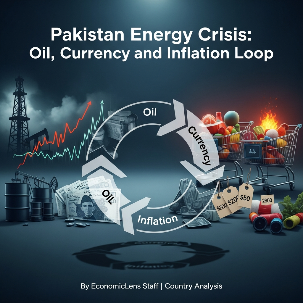 Pakistan energy crisis visual showing the circular loop between oil prices, currency depreciation, and inflation, highlighting rising import costs, weakening rupee, and consumer price pressures