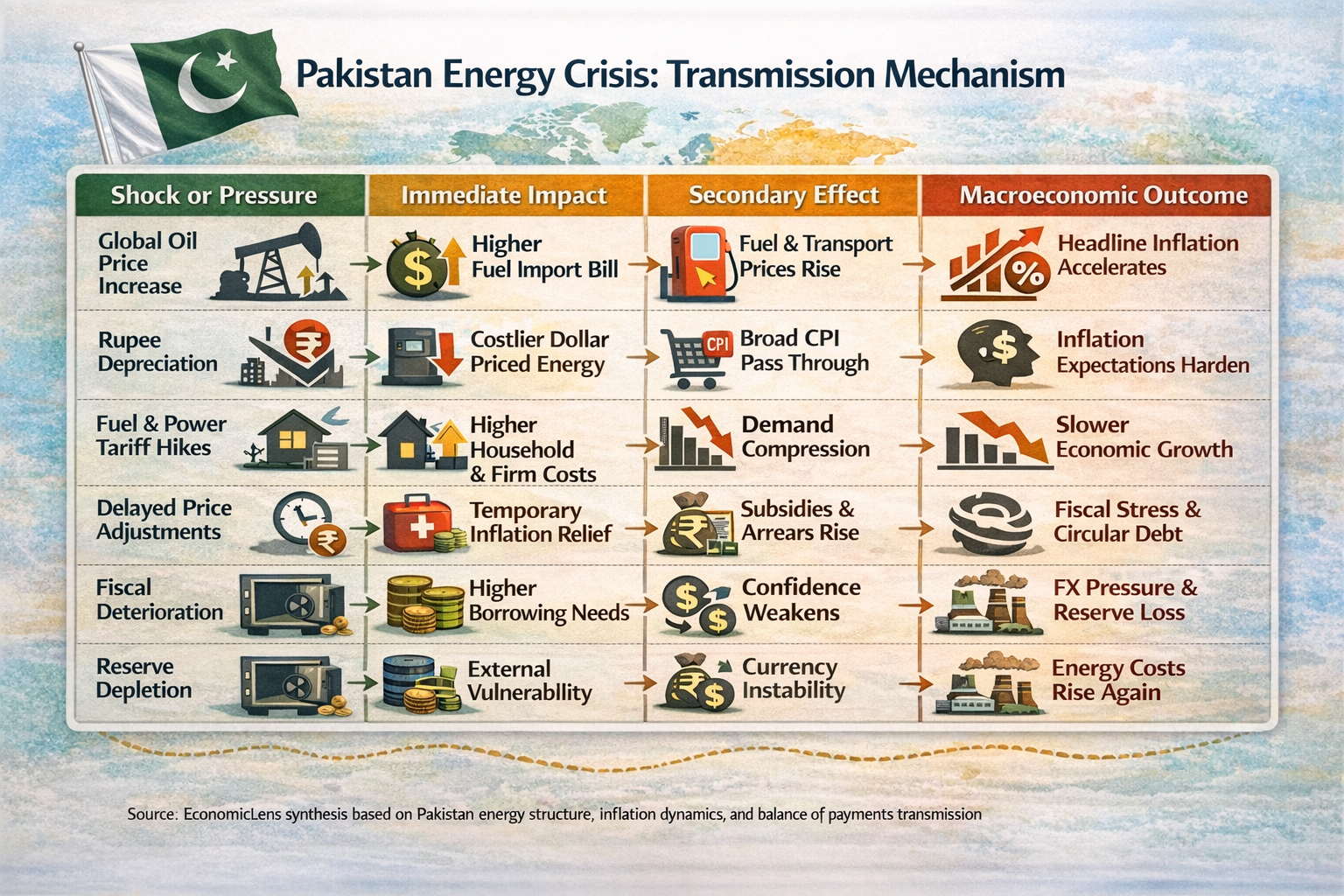 Infographic explaining Pakistan’s energy crisis transmission mechanism from global oil shocks and rupee depreciation to inflation, fiscal stress, slower growth, and rising energy costs
