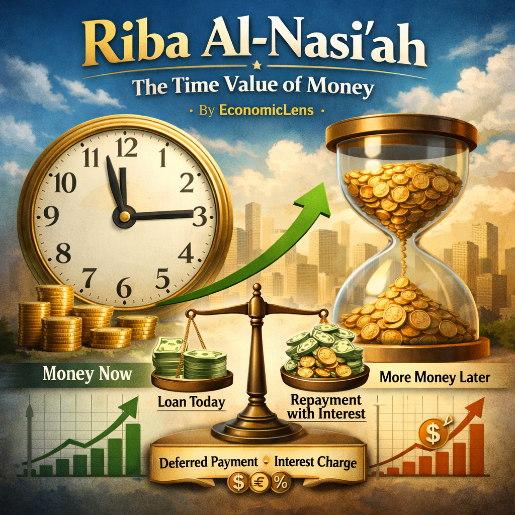 An illustration showing Riba Al-Nasiʾah with a clock, an hourglass of coins, and a balance scale comparing money today with more money later, representing the time value of money