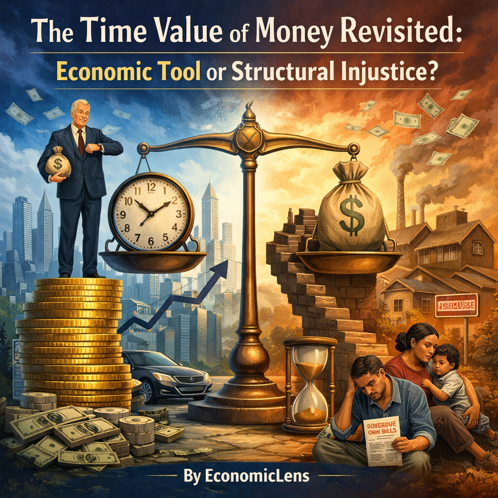 A digital illustration representing the concept of "The Time Value of Money Revisited," with a balanced scale featuring a clock and a money bag, contrasting the lives of a rich businessman and a struggling family amidst cityscapes symbolizing wealth and hardship.