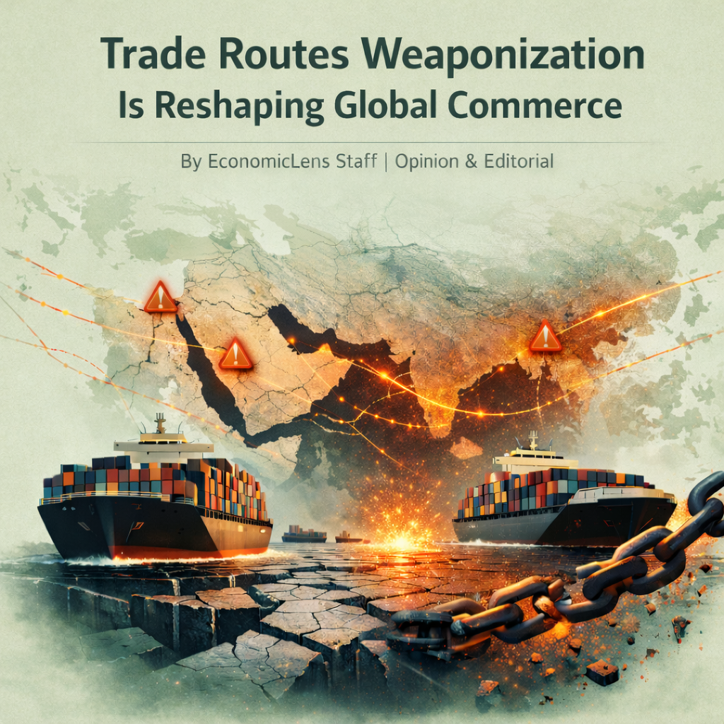 Illustration showing container ships facing disrupted global trade routes, with chokepoints highlighted across the Middle East and Asia, symbolizing the weaponization of trade corridors
