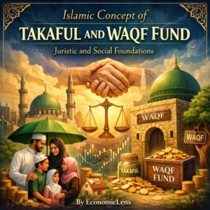 Islamic concept of Takaful and Waqf Fund illustrated with a Muslim family, mosque domes, handshake of solidarity, scales of justice, and charitable endowment symbols.