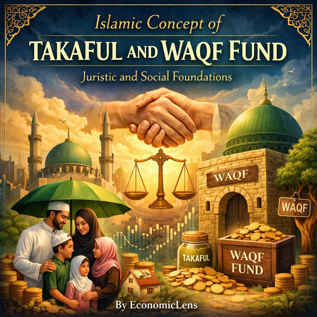 Islamic concept of Takaful and Waqf Fund illustrated with a Muslim family, mosque domes, handshake of solidarity, scales of justice, and charitable endowment symbols.