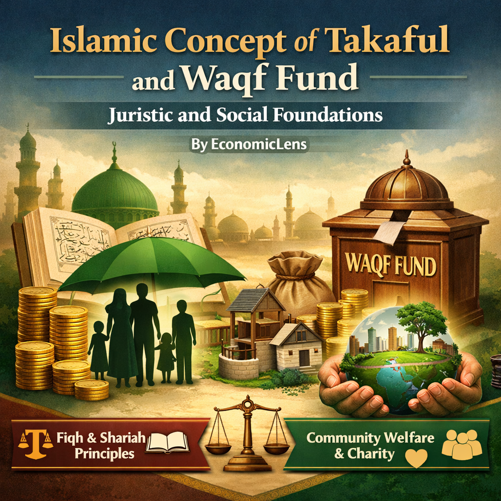 Illustration explaining the Islamic concept of Takaful and Waqf Fund, showing mutual protection, charitable endowment, Islamic jurisprudence, and community welfare symbols