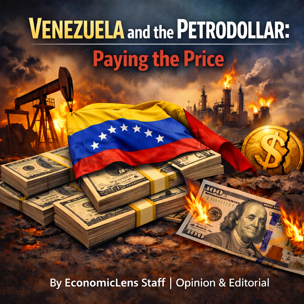 Venezuela petrodollar crisis illustrated with burning oil facilities, stacks of U.S. dollars, and the Venezuelan flag symbolizing economic pressure and dollar dominance