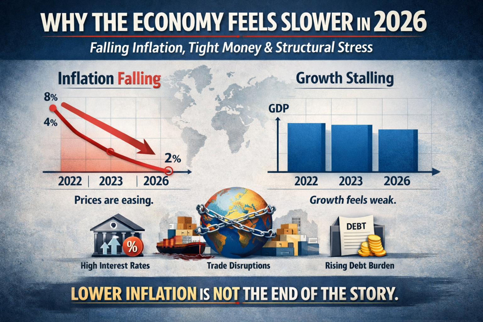 Why the economy feels slower in 2026 showing falling global inflation, slowing GDP growth, high interest rates, trade disruptions, and rising debt burdens