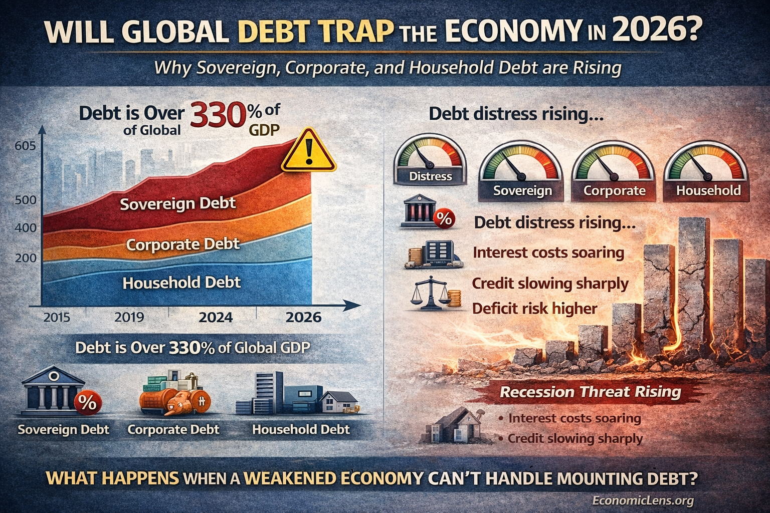 Will global debt trap the economy in 2026 showing rising sovereign, corporate, and household debt exceeding 330 percent of global GDP, increasing debt distress, higher interest costs, slowing credit, and rising recession risk