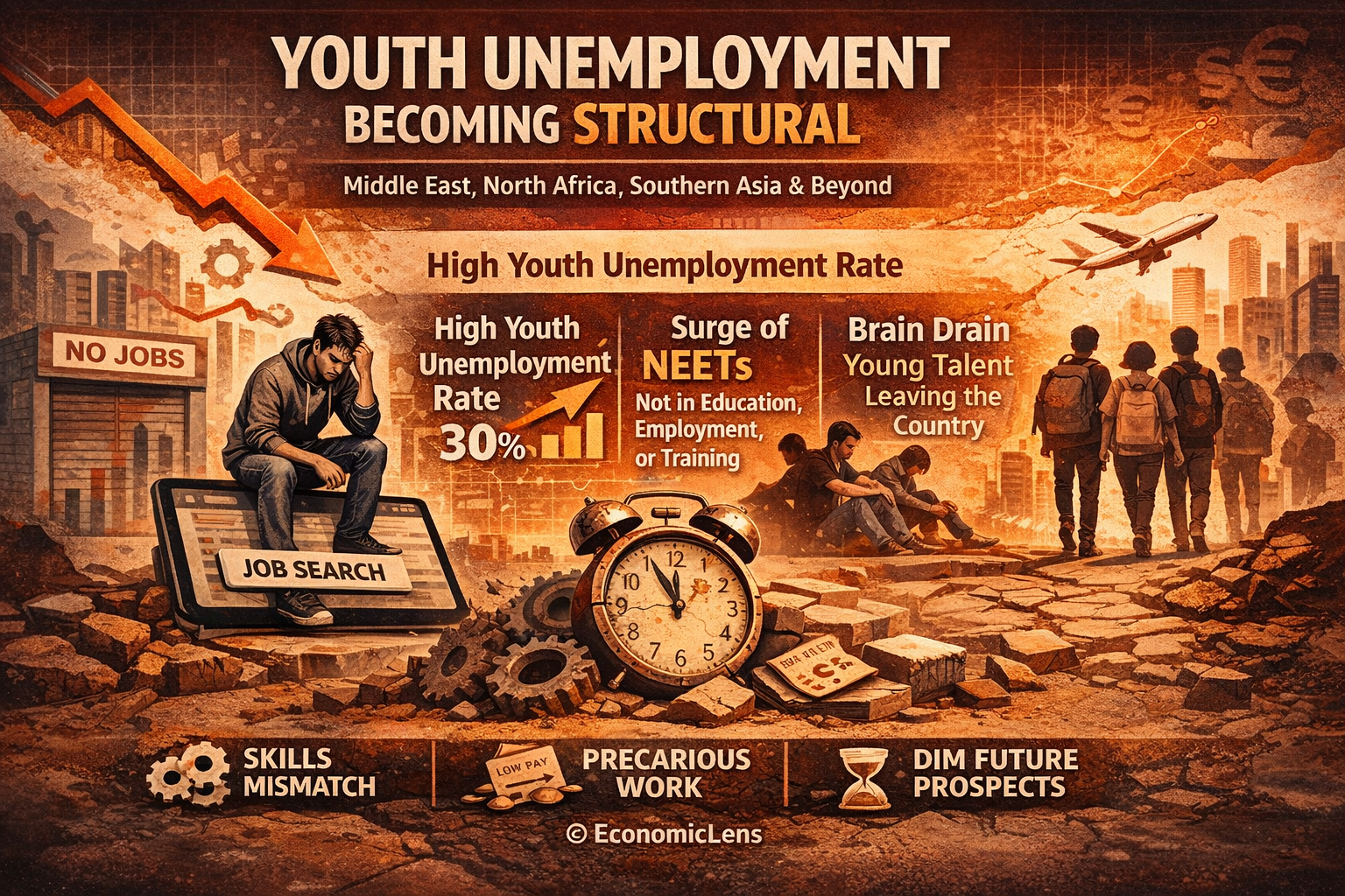 Youth unemployment becoming structural in 2026 showing high youth joblessness around 30 percent, rising NEETs, skills mismatch, precarious work, brain drain, and weakening future prospects across developing regions