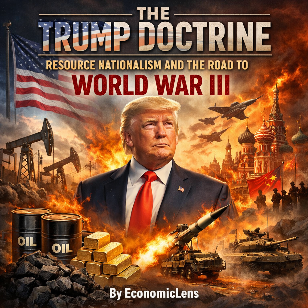 Illustrated cover image depicting Donald Trump against a backdrop of global conflict, featuring oil barrels, gold bars, military vehicles, fighter jets, national flags, and burning cityscapes symbolizing resource nationalism and the threat of World War III.